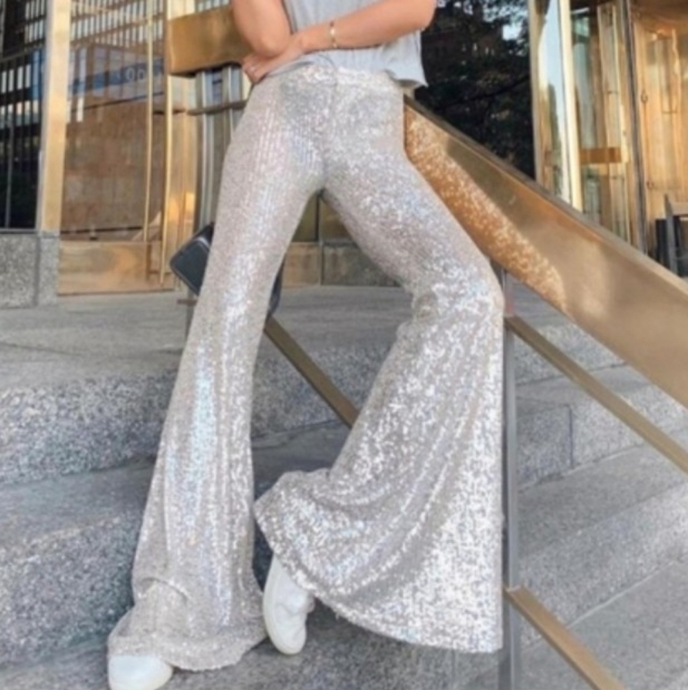 Zara Silver Sequin Flare Pants